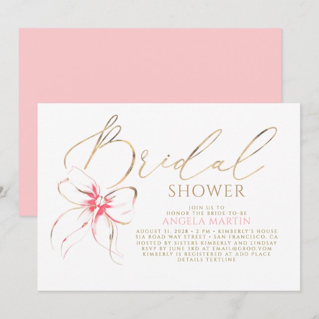 Soft Pink Bow Elegant Romantic Bridal Shower Einladung (Vorne/Hinten)