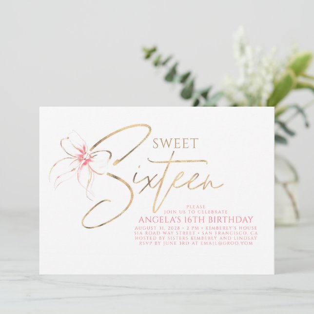 Soft Pink Bow Elegant Romantic Sweet 16th Birthday Einladung (Stehend Vorderseite)