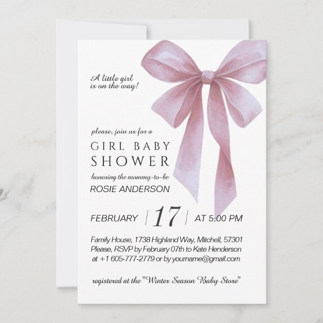 Soft Pink Bow Girl Baby Shower Einladung (Vorderseite)