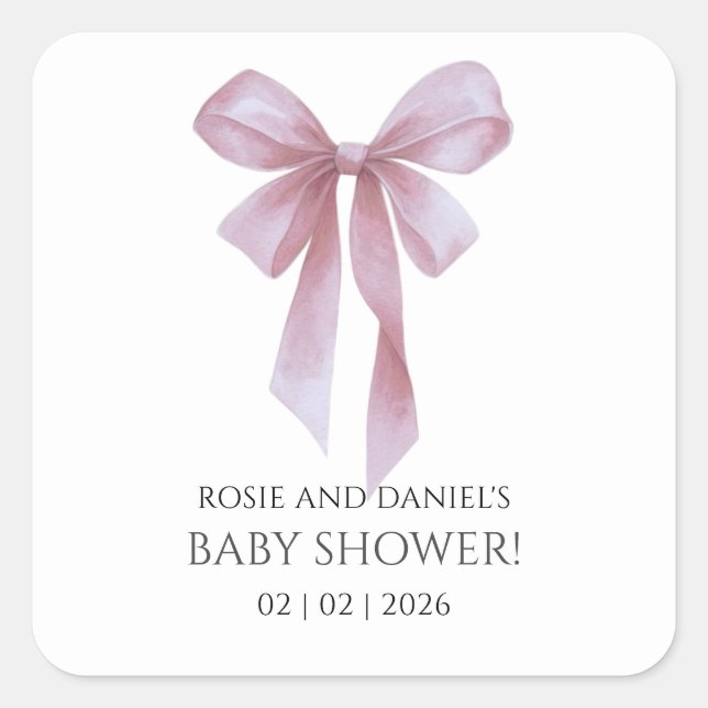 Soft Pink Bow Girl Baby Shower Quadratischer Aufkleber (Vorderseite)