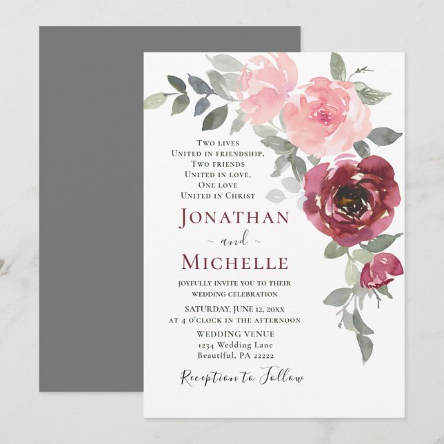 Soft Pink Burgundy Christliche Hochzeit Einladung (Vorne/Hinten)