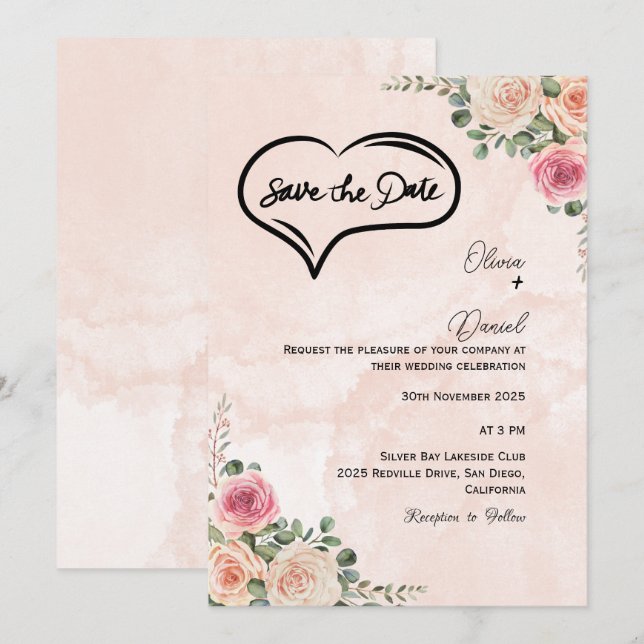 Soft Pink Cream Floral Wedding Save the Date  Einladung (Vorne/Hinten)