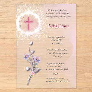 Soft Pink Cross & Floral Girl Taufe Invitat Inv Acryleinladungen