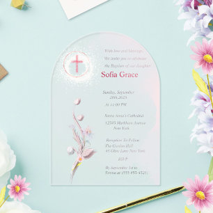 Soft Pink Cross & Floral Girl Taufe Invitat Inv Acryleinladungen