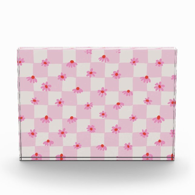 Soft Pink Daisy Checkerboard Floral Pattern Fotoblock (Vorderseite)