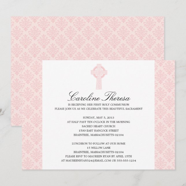 Soft Pink Damask Celtic Cross Erste Kommune Einladung (Vorne/Hinten)