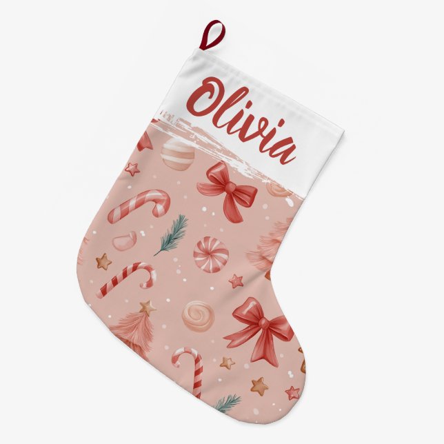 Soft Pink Festive Pattern Christmas Stocking Großer Weihnachtsstrumpf (Vorderansicht (hängend))