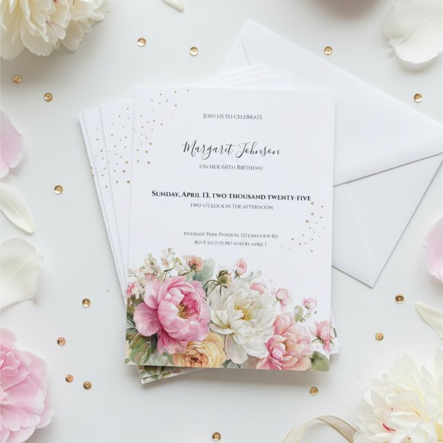 Soft Pink Floral 60th Birthday Einladung (Soft pink and white floral 60th birthday invitation with gold accents and elegant typography)