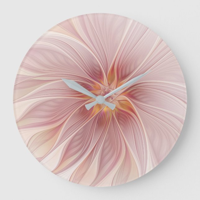 Soft Pink Floral Dream Abstraktes Fraktal Kunst Bl Große Wanduhr (Vorderseite)