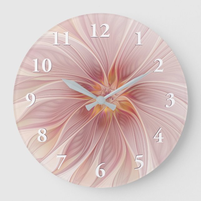 Soft Pink Floral Dream Abstraktes Fraktal Kunst Bl Große Wanduhr (Vorderseite)