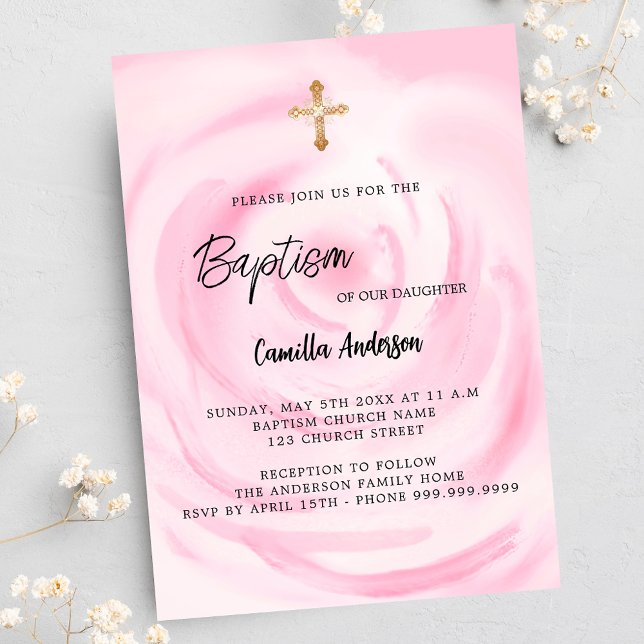 Soft pink floral Girl Taufe Einladungspostkarte (Von Creator hochgeladen)