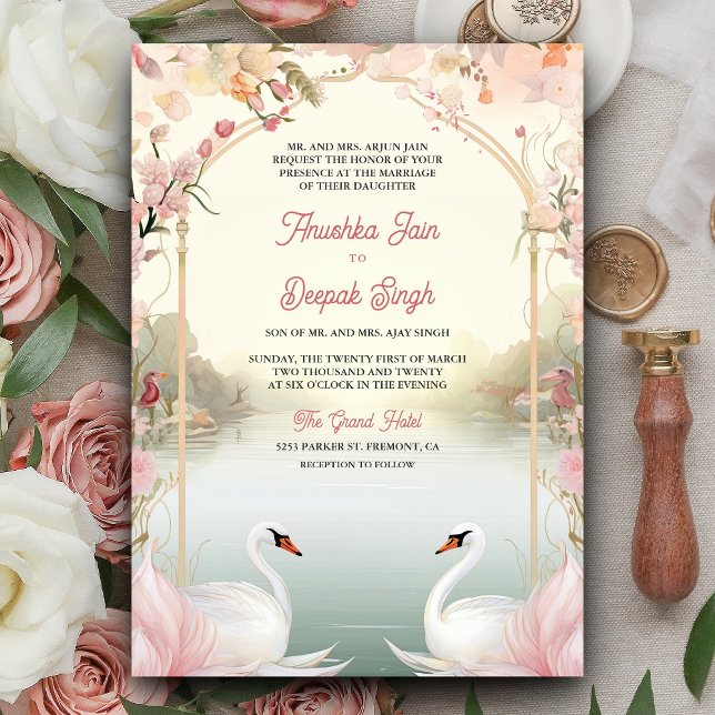 Soft Pink Floral Romantische Schwäne Indische Hoch Einladung (Von Creator hochgeladen)