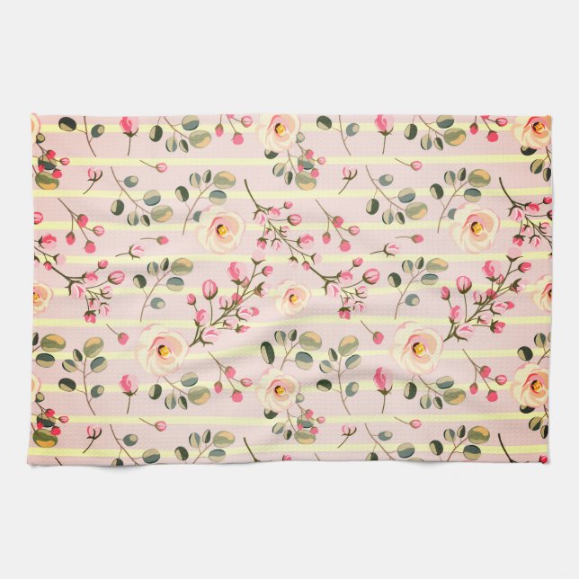 Soft Pink Floral Stripe Pattern Geschirrtuch (Horizontal)