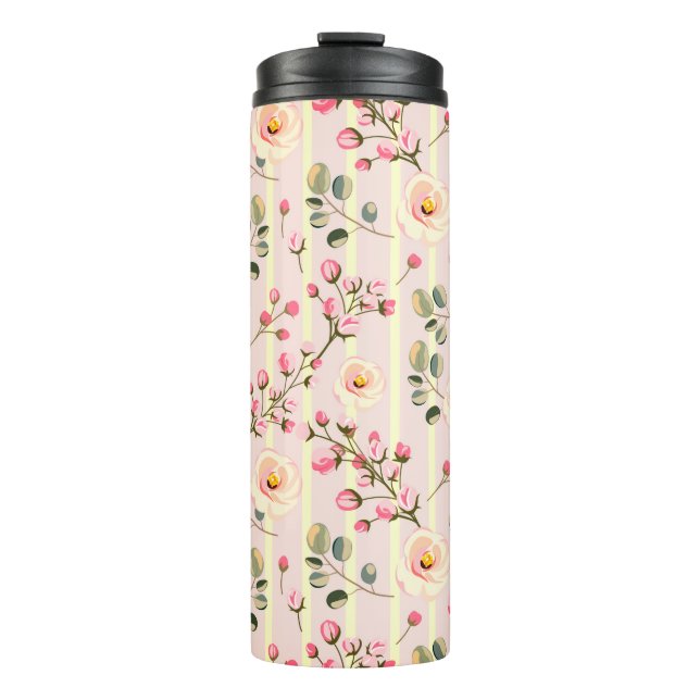 Soft Pink Floral Stripe Pattern Thermosbecher (Vorderseite)