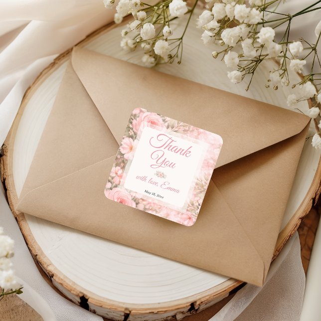 Soft Pink Garden Bloom Thank You Quadratischer Aufkleber (Von Creator hochgeladen)