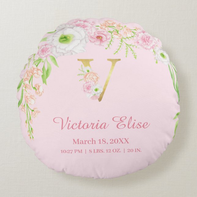 Soft Pink Gold Monogram "V" Baby Girl Stats Rundes Kissen (Vorderseite)