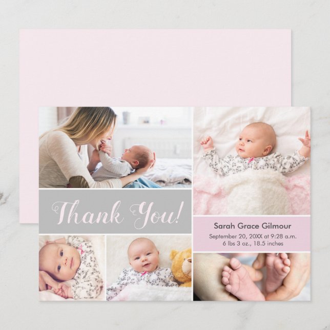Soft Pink Gray Custom Baby Foto Collage Dankeskarte (Vorne/Hinten)