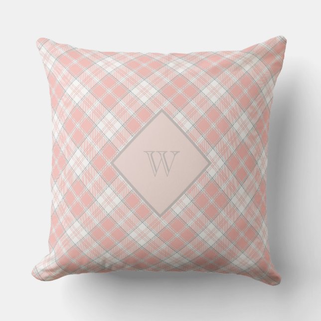 Soft Pink Gray Monogram Gingham Girly Kariert Kissen (Vorderseite)