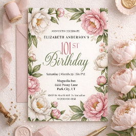 Soft Pink Magnolia and Peony 101st Birthday  Einladung