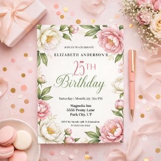 Soft Pink Magnolia and Peony 25th Birthday  Einladung