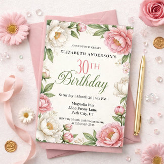 Soft Pink Magnolia and Peony 30th Birthday  Einladung