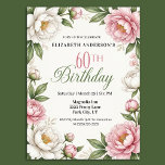 Soft Pink Magnolia and Peony 60th Birthday  Einladung<br><div class="desc">Celebrate a beautiful milestone with this elegant floral 60th birthday invitation featuring a timeless garden-inspired design. Delicate watercolor peonies and soft magnolia blossoms frame the layout with graceful greenery, creating a refined and feminine look that is perfect for a sophisticated birthday celebration. The soft pink and ivory floral palette paired...</div>