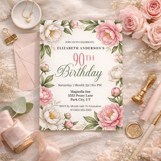 Soft Pink Magnolia and Peony 90th Birthday  Einladung (Elegant pink peony and white magnolia floral 90th birthday invitation with soft botanical greenery )