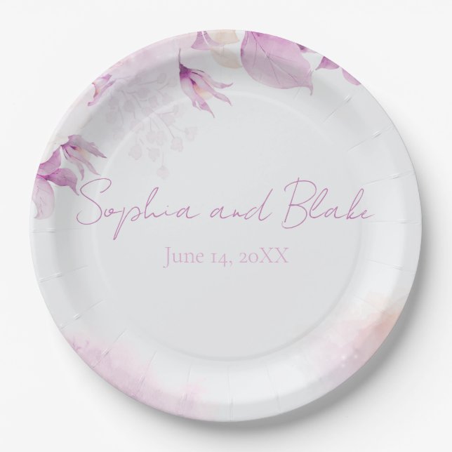 Soft Pink Moderne Boho Floral und Blätter Hochzeit Pappteller (Vorderseite)