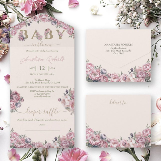 Soft Pink Peonies Elegante Blumen Baby Dusche All In One Einladung (Von Creator hochgeladen)