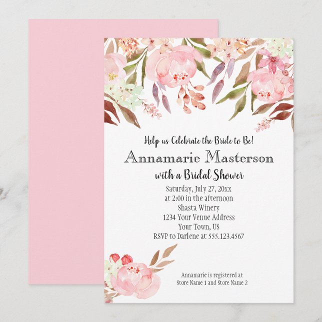 Soft Pink Peonies Wildblumen Blätter Brautparty Einladung (Vorne/Hinten)
