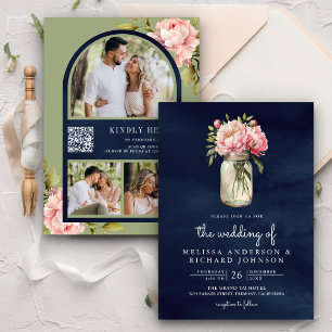 Soft Pink Peony Mason Jar QR Code Marine Hochzeit Einladung