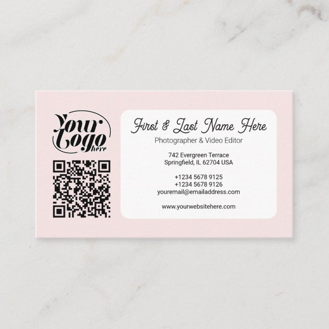 Soft Pink QR Code Foto Social Media Icons Inhalt Visitenkarte (Vorderseite)