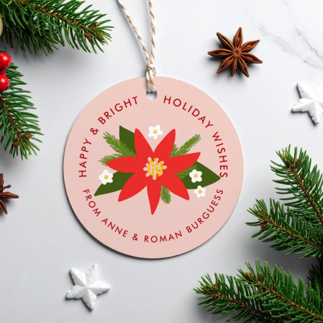 Soft Pink Red Poinsettia Weihnachtsgeschenk Geschenkanhänger (red poinsettia illustration and custom text pink round Christmas gift tag)