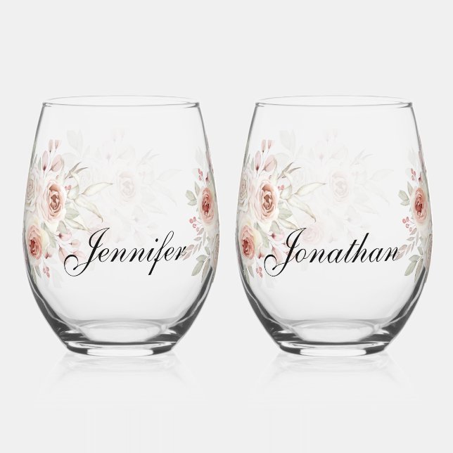 Soft Pink Romantische Rose auf White Wedding Weinglas Ohne Stiel (Vorderseite)