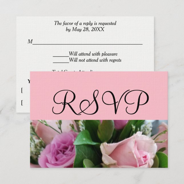 Soft Pink Rose Bouquet Silver Wedding RSVP Karte (Vorne/Hinten)