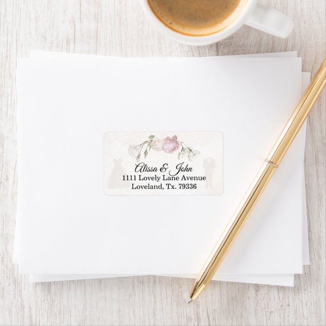 Soft Pink Roses & Bride and Groom Collection Adressaufkleber (Insitu)