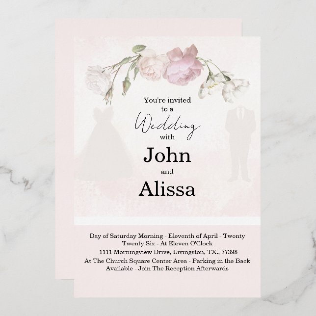 Soft Pink Roses & Bride and Groom Collection Folieneinladung (Vorderseite/Rückseite)
