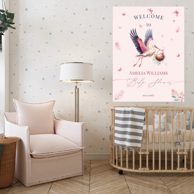 Soft Pink Stork Butterfets Begrüßung Babydusche Poster (Von Creator hochgeladen)