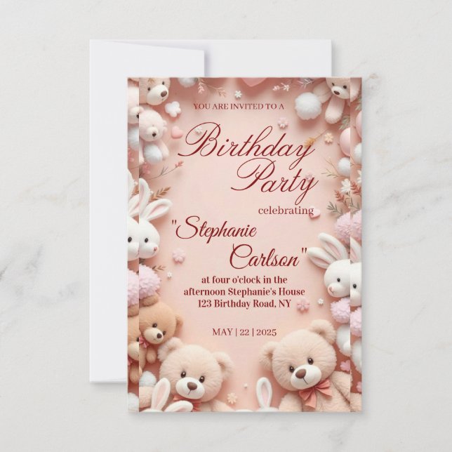 Soft Pink Teddy Bear Birthday Invitation (Devant)