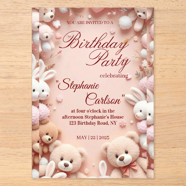 Soft Pink Teddy Bear Birthday Invitation (Recto)