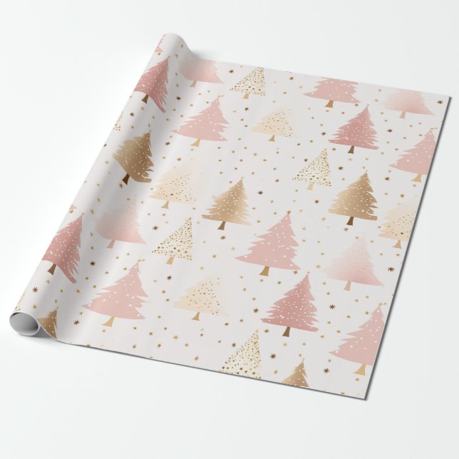 Soft Pink und Gold Weihnachtsbäume Geschenkpapier (Ungerollt)