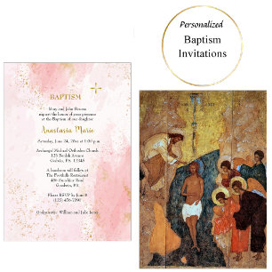 Soft Pink und Imitats Gold Glitzer Orthodoxe Taufe Einladung
