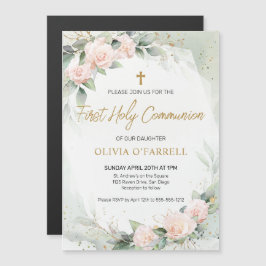 Soft Pink Watercolor Flowers Greenery Communion Magneteinladung