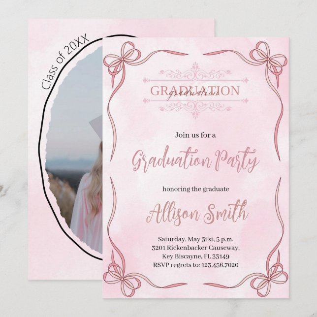 Soft pink watercolor grade invitation with bow (Devant / Derrière)