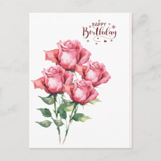 Soft Pink Watercolor Roses  Birthday Post Card Postkarte