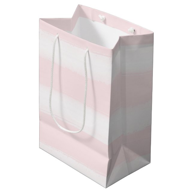 Soft Pink White Stripes Wasserfarbe Babydusche Mittlere Geschenktüte (Vorderseite Schrägansicht)