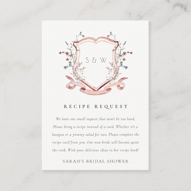 Soft Pink Wildblume Wappen Hochzeitsrezeption Begleitkarte (Vorderseite)