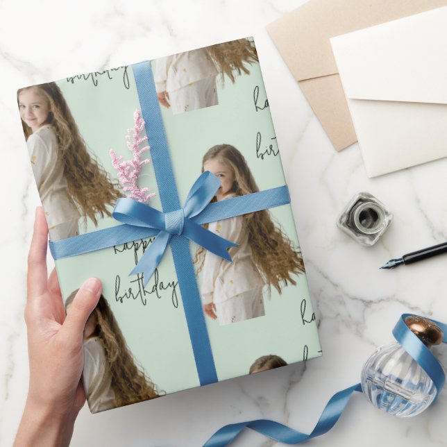 Soft Pistachio & Custom Birthday Text and Foto - Geschenkpapier (Schenken)