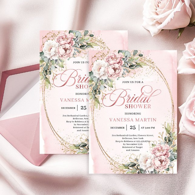 Soft Powder Pink Floral Bridal Shower Invitation Einladung (Soft Powder Pink Floral Bridal Shower Invitation)