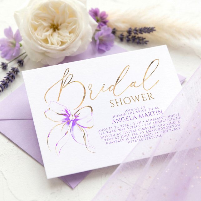 Soft Purple Bow Elegant Romantic Bridal Shower Einladung (Soft Purple Bow Romantic Bridal Shower Invites)